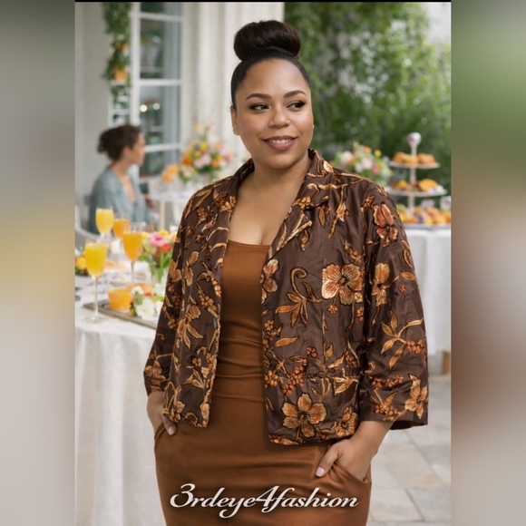 VINTAGE JULIA KEN KIMONO 🌸 Brown Floral Embroidered Jacket • Straight Cropped - Picture 6 of 17